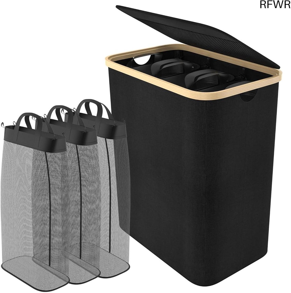 RFWR® Wasmand met 3 vakken en bamboe frame - 140L opvouwbare wassorteerder