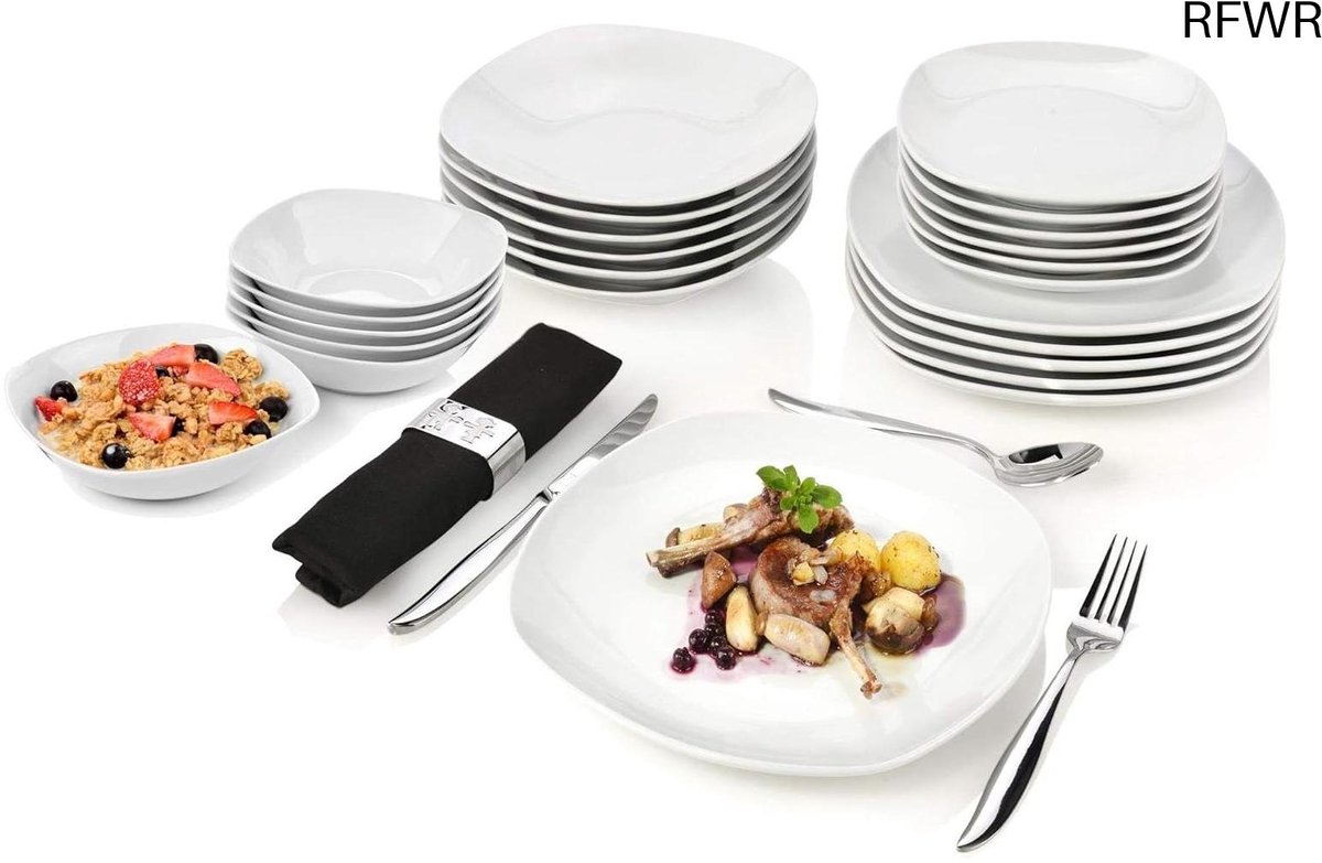 RFWR® 24-Delige Tafelservies Set voor 6 Personen - Wit Porselein met Licht Hoekig Design