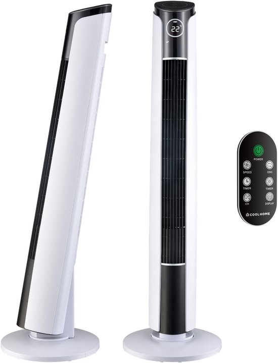 CoolHome CF2204 Design Ventilator - Wit - Torenventilator - Afstandsbediening - Timer - Dimbaar LED-scherm - Kolomventilator met Luchtreiniger - Ventilator Staand