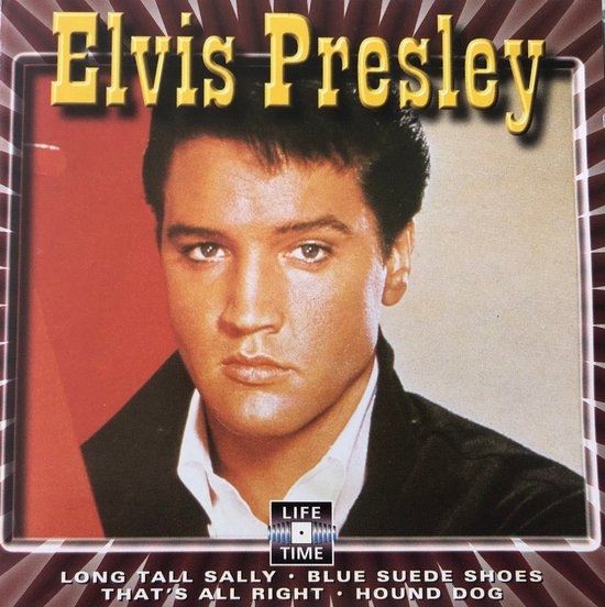Cd-hoesje van Elvis Presley met portret van Elvis Presley. LIFE TIME.