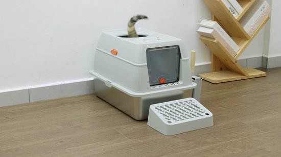 Jake and Jacky RVS Kattenbak Hop In - Kattentoilet Roestvrijstaal - Incl. Kattenbakschep met Houder en Gritopvang Opstapje - Top Entry - 3 in 1 Open Kattenbak met Afneembare Deksel - 60x40x38cm - Grijs