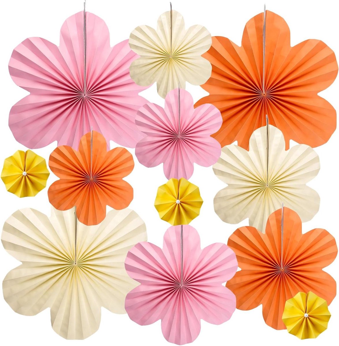 Allecto Plus - Papieren bloemen voor ophanging decoratie in roze en oranje - Pak van 12 - Feestdecoratie voor bruiloft, verjaardag, babyshower