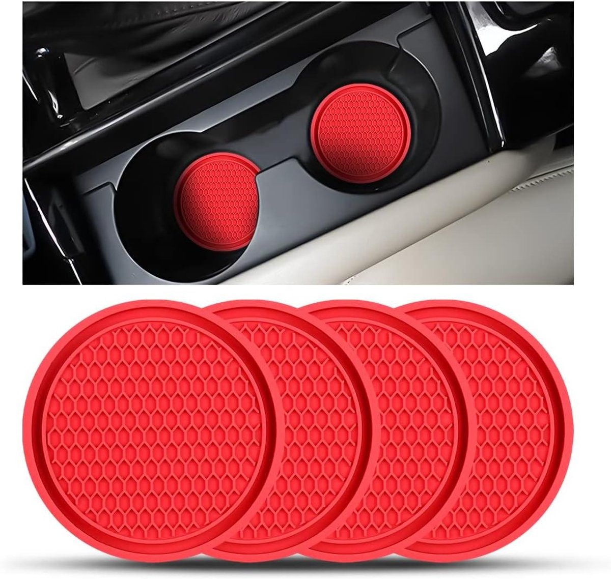 Allecto Plus - Auto Bekerhouders 4 stuks PVC Dikke Zwarte Antislip Auto Beker Onderzetters (Rood) met zoekwoorden: auto, onderzetters.