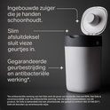Ingebouwde zuiger die je handen schoonhoudt. Slim afsluitdeksel sluit vieze geurtjes in. Gegarandeerde geurbestrijding en antibacteriële werking*.