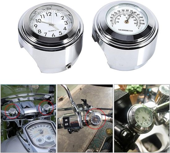 Set van 2 - Stuurklok met witte wijzerplaat en thermometer - Motorfiets stuurklok - Waterdicht - Motorfiets stuurklokhorloge - Wit - Past op de meeste motorfietsen