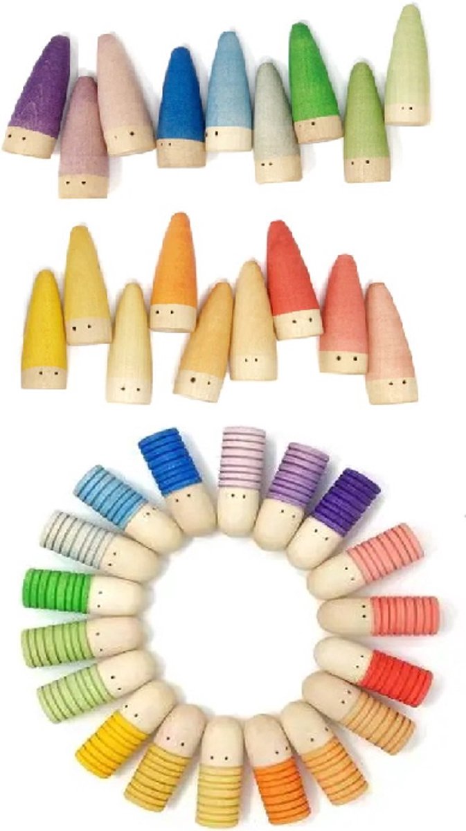 Houten figuren - Kabouters en Robots - Sticks en Brots - Pastelkleuren en regenboogkleuren- 36 stuks - Open einde speelgoed - Educatief montessori speelgoed - Grapat en Grimms style