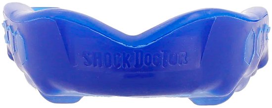 Blauwe 'Shock Doctor' mondbeschermer, voorkant, met hexagoon-details.
