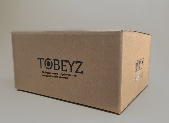 Bruine kartonnen Tobeyz verpakking met logo, 'Opbergdozen - Opbergboxen - Verschillende kleuren'.