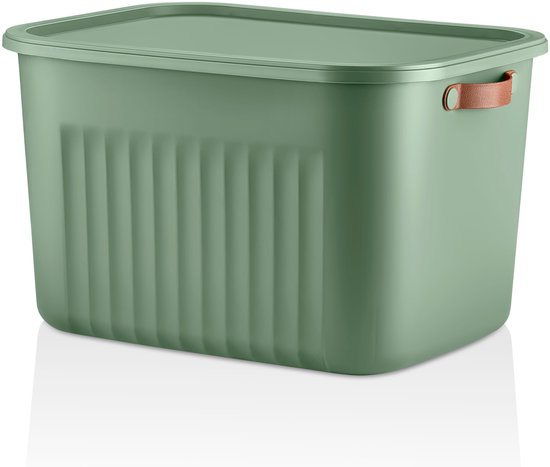 Groene opbergbox van 20L met deksel en bruine handgrepen, op een witte achtergrond.