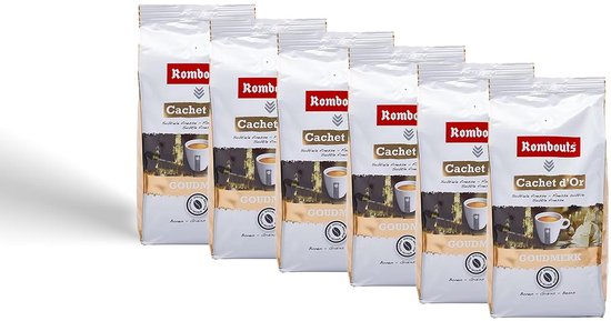 Zes zakken witte Rombouts Cachet Goudmerk koffiebonen met afbeeldingen van kopjes koffie.