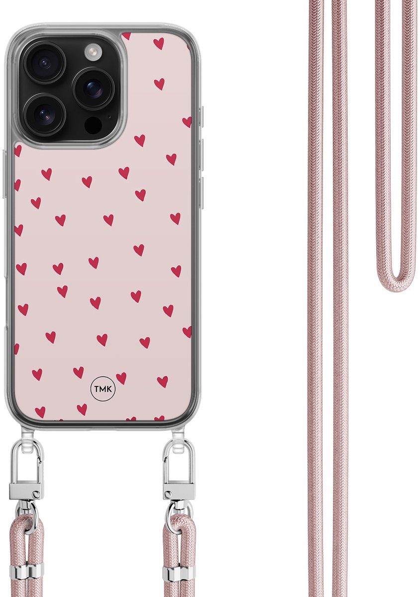 Casevibes - Telefoonhoesje met koord - Geschikt voor Apple iPhone 16 Pro - Cute hearts - Roze - Print