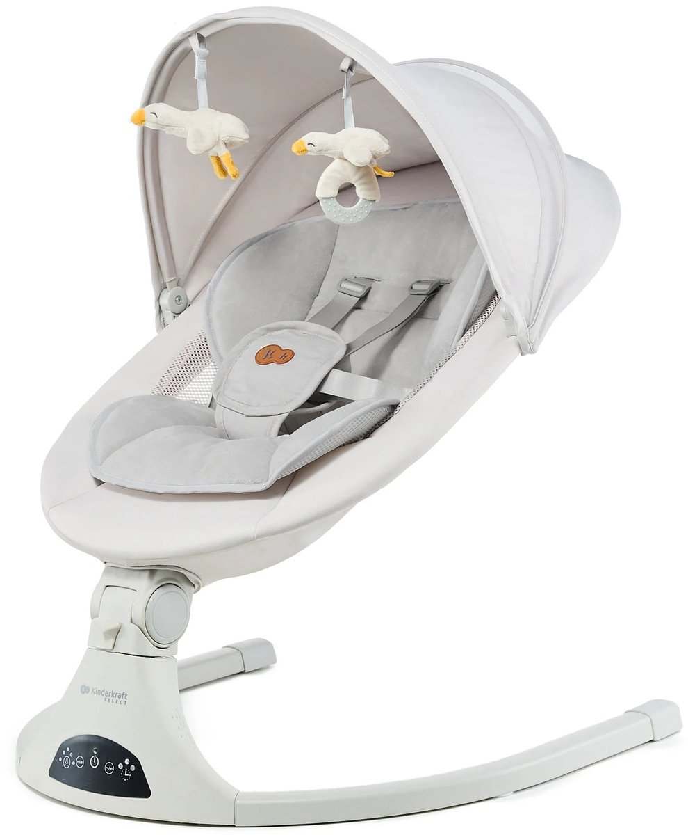 Kinderkraft TULSY – Elektrische wipstoel en ligstoeltje voor baby's – 5 schommelniveaus – Muziekfunctie – Inklapbare kap met klamboe – Lichtgewicht – Beige