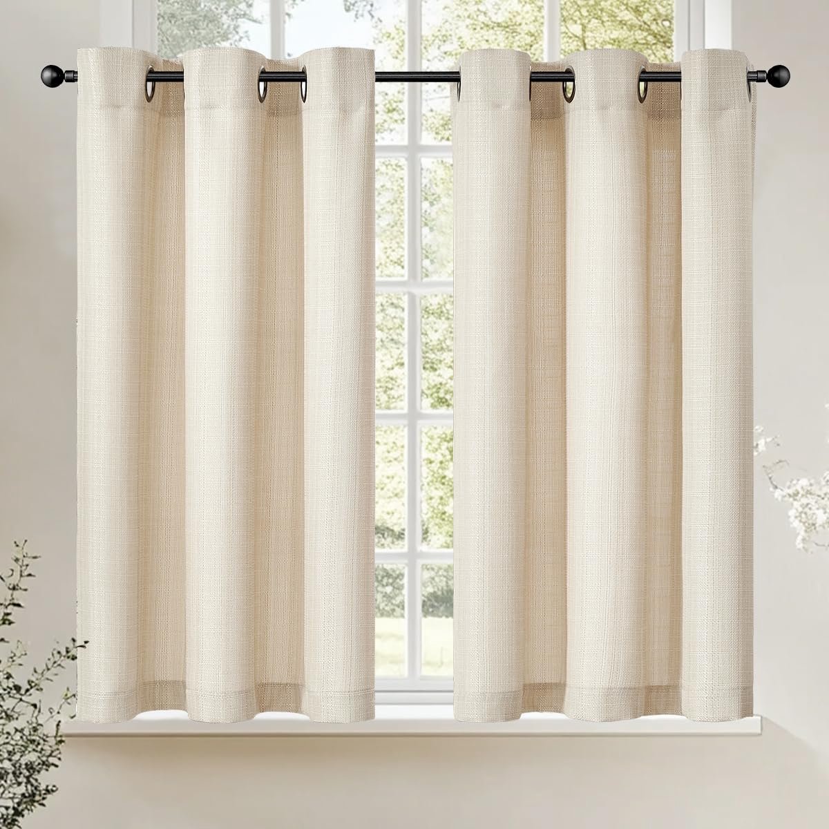 Ibenzoa Vitrage Keukengordijnen Set van 2 in Linnenlook met Oogjes, Beige, 95 x 90 cm voor Kleine Ramen