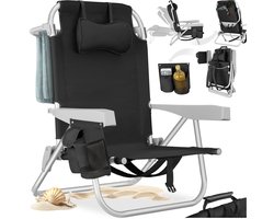 tectake® Strandstoel Coral - Opvouwbare Campingstoel met Koeltas en Opbergtas - 5-voudig Verstelbare Rugleuning met Hoofdkussen - Brede Armleuningen met Bekerhouder / Telefoonhouder - Inklapbare Kampeerstoel - Zwart