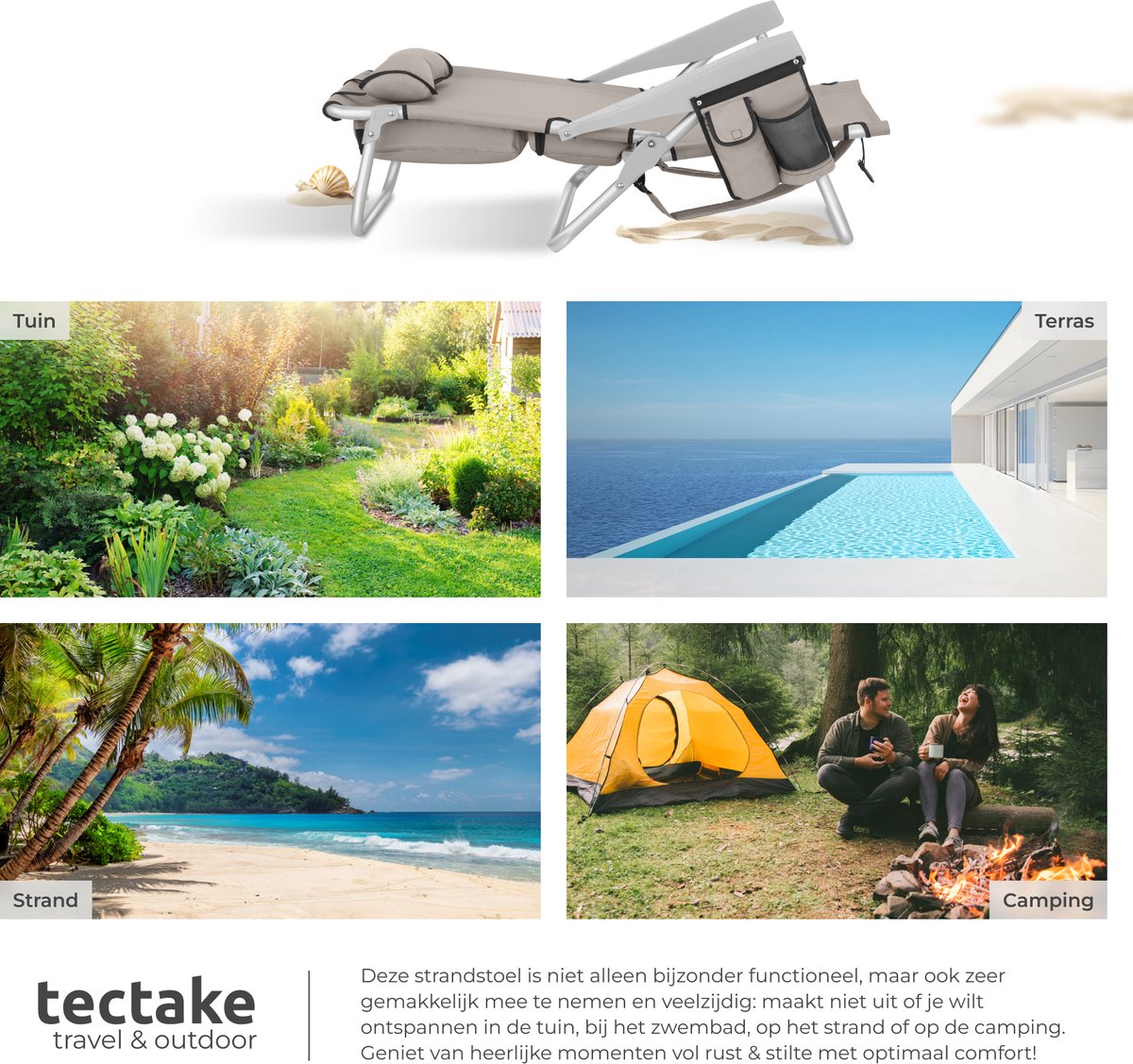 tectake® Strandstoelen Coral - Set van 2 Opvouwbare Campingstoelen met Koeltas en Opbergtas - 5-voudig Verstelbare Rugleuning met Hoofdkussen - Brede Armleuningen met Bekerhouder / Telefoonhouder - Inklapbare Kampeerstoel - Beige — cadeau in Sport & Outdoor - foto 5