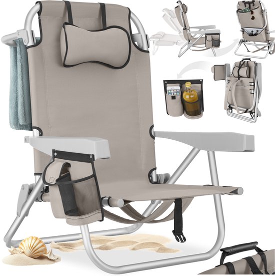 tectake® Strandstoel Coral - Opvouwbare Campingstoel met Koeltas en Opbergtas - 5-voudig Verstelbare Rugleuning met Hoofdkussen - Brede Armleuningen met Bekerhouder / Telefoonhouder - Inklapbare Kampeerstoel - Beige
