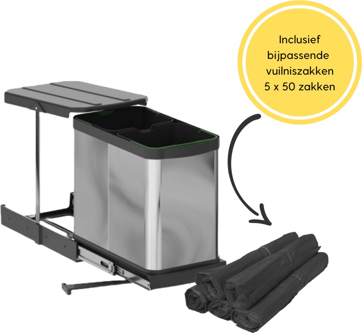 Goedkoopste Emuca Afvalbak 2x12 Liter – Inbouw Prullenbak – Uittrekbare afvalemmer – Geschikt voor deurbreedte 28 cm, inbouwdiepte 46 cm & Kasthoogte 42 cm - incl. 5x50 afvalzakken – RVS