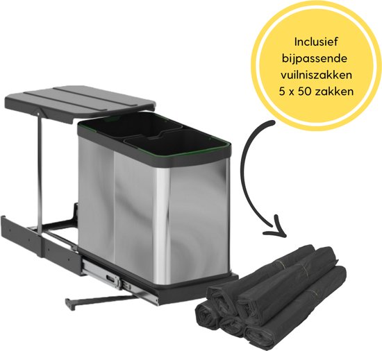 Emuca Afvalbak 2x12 Liter – Inbouw Prullenbak – Uittrekbare afvalemmer – Geschikt voor deurbreedte 28 cm, inbouwdiepte 46 cm & Kasthoogte 42 cm - incl. 5x50 afvalzakken – RVS