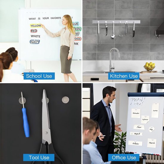 Vier afbeeldingen tonen magneten in gebruik: een lerares bij een whiteboard, keukengerei aan een rek, gereedschap aan een muur en een man die bij een flip-over staat.