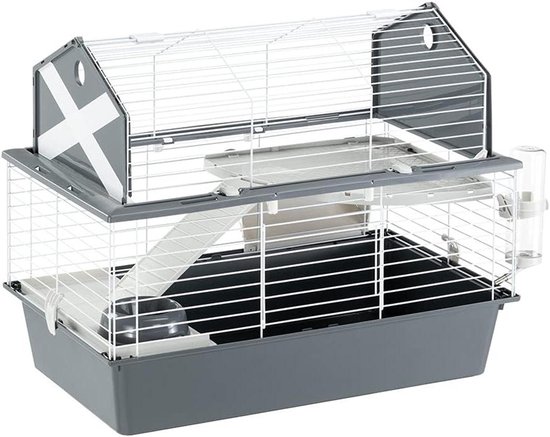 Ferplast Kooi voor konijnen, Kooi voor kleine dieren, BARN 80, 2 niveaus, te openen dak, inclusief accessoires, 78 x 48 xh 65 cm