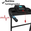 Close-up van de console van een zwarte loopband met hartslagmeter en de tekst "Real-time hartslagmonitor".
