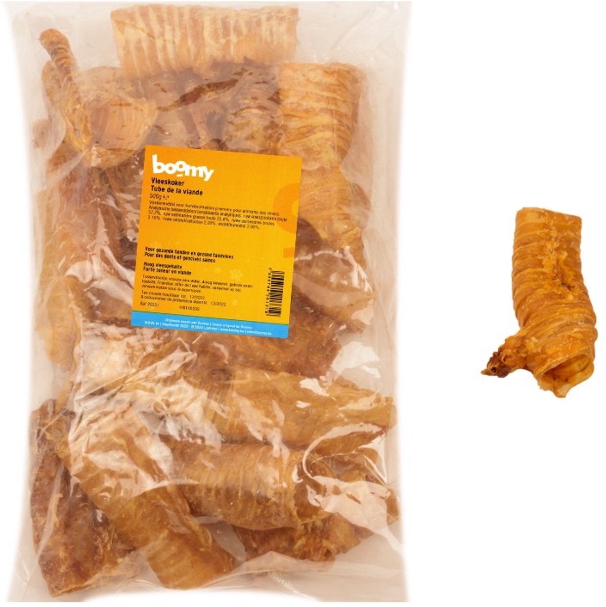 Boomy - Vleeskokers - 100% gedroogde runderluchtpijp - Hondensnack - Natuurlijke kauwsnack voor honden - 500g