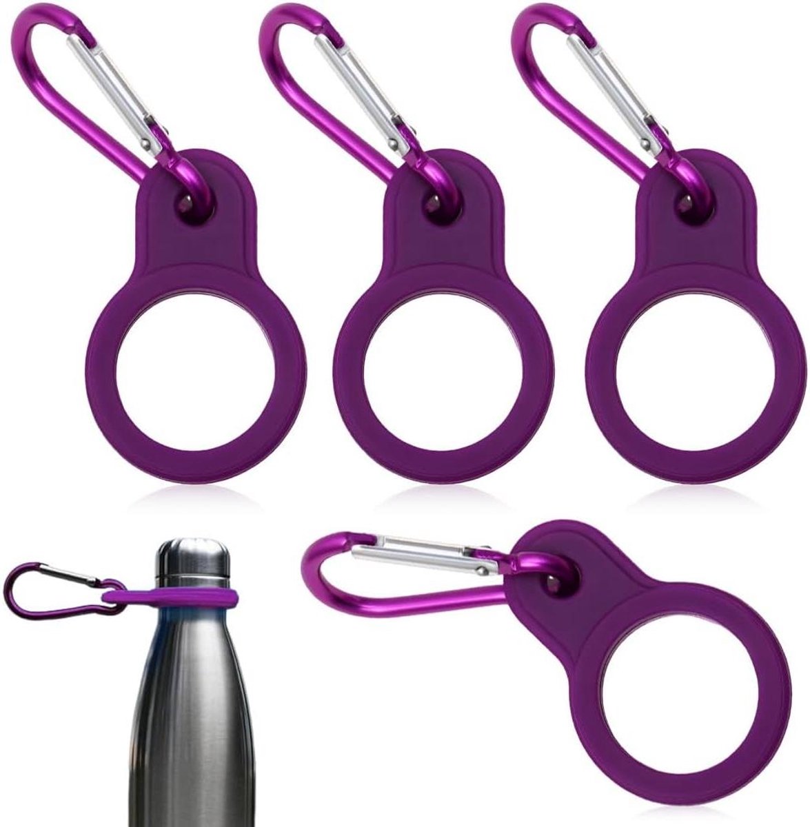 Set van 4 flessenhouders met karabijnhaak voor outdoor activiteiten - zwart - waterflesgesp - haken voor kooi - sleutelhanger - camping - rugzak - flessenhouder - schouderriem - handige accessoires