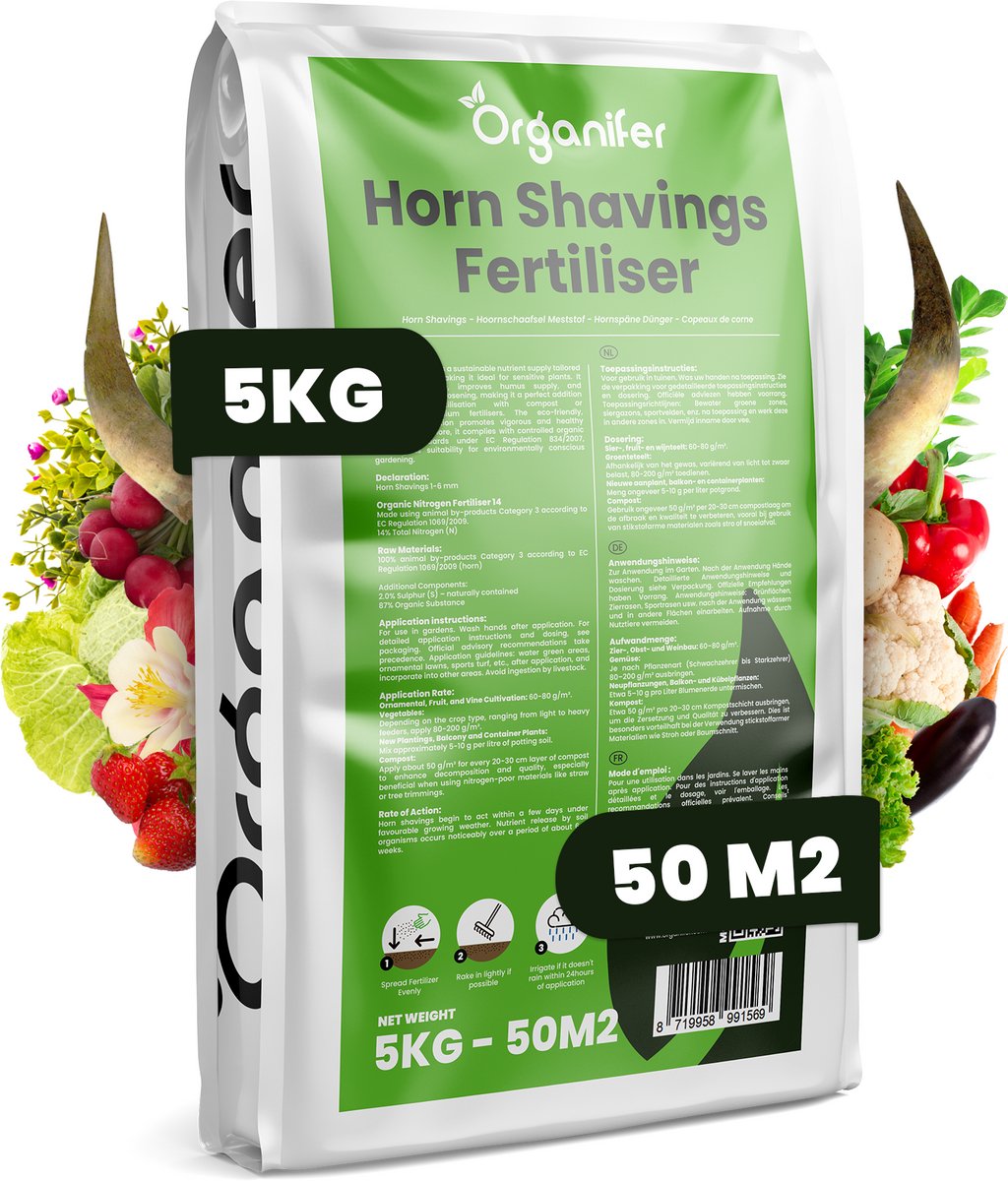 Hoornspaanders 1-6 Mm - 5 Kg Voor 50 M² - Organische Stikstofmeststof - Stimuleert De Groei En Verbetert De Bodemgezondheid - 100% Natuurlijk, Uit Pure Hoorn - Vrij Van Kunstmatige Meststoffen - Langzaam Vrijkomende Stikstof Met 14% - Organifer