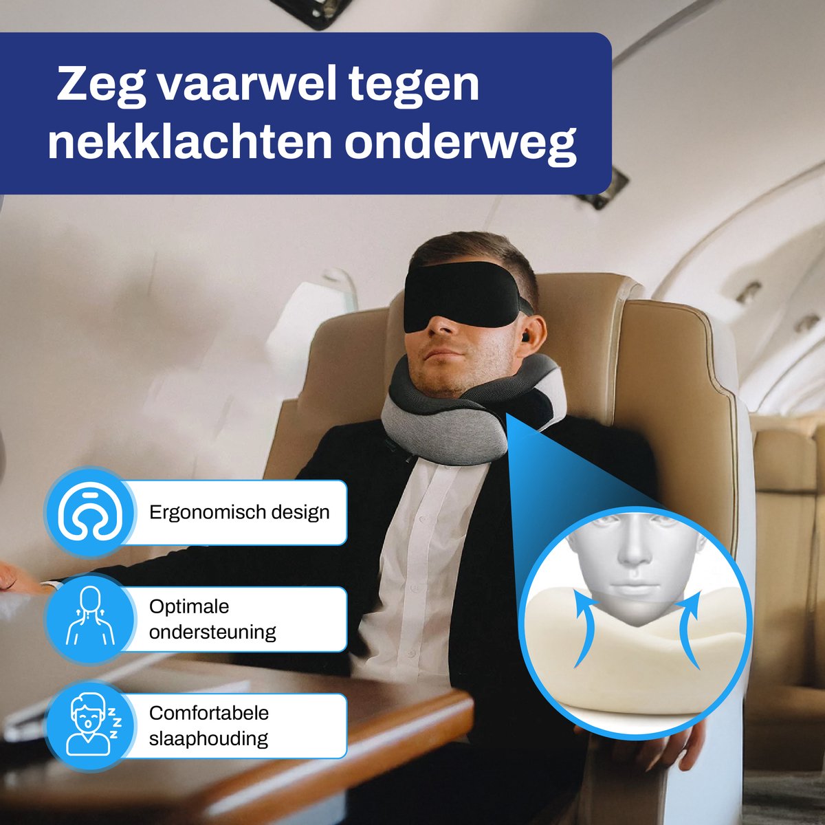 Sleeptight Nekkussen Vliegtuig of Auto - Reiskussen Set - 360° steun - Nekkussen Traagschuim - Travel Pillow Memory Foam - Met Oordoppen en Oogmasker — afbeelding 7