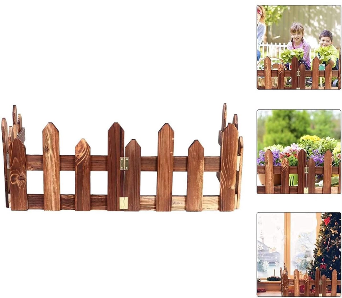 Houten palissadehek van 120 cm hoog in donkerbruine kleur voor bescherming tegen vocht en zon, handig in de tuin of als kerstboomhek.