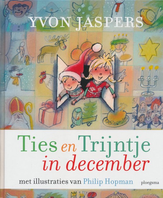Boekomslag met de titel "Ties en Trijntje in december" en illustraties van een kersttafereel met kinderen, Sint-Nicolaas en een kerstboom.