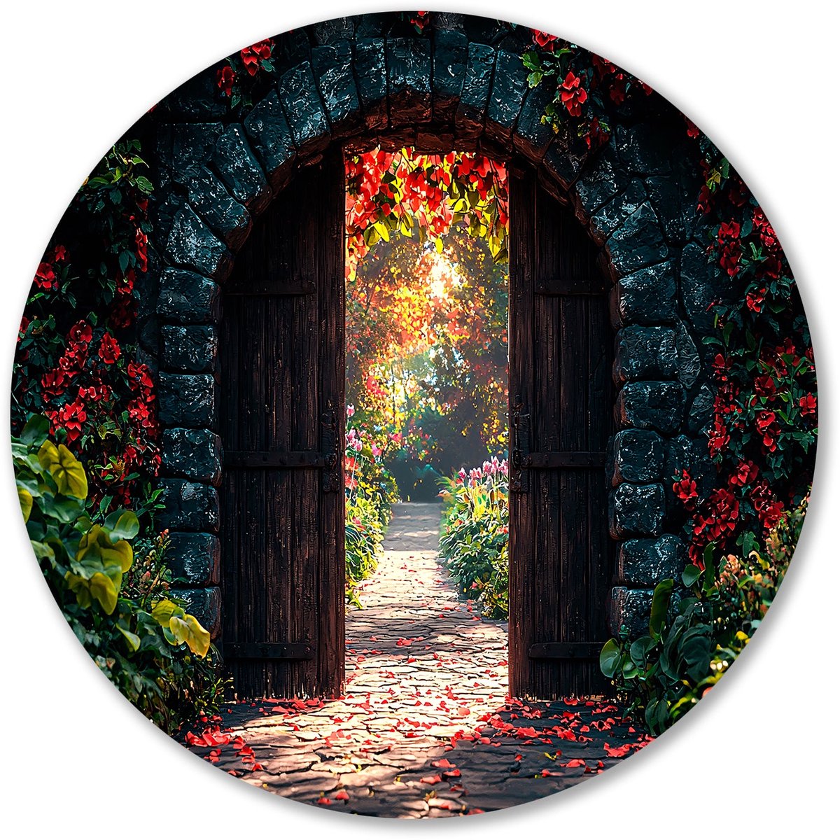 Tuinpoort met rode bloemen - Tuinpoort schilderij rond - Wandpaneel poort - Realisme kunst