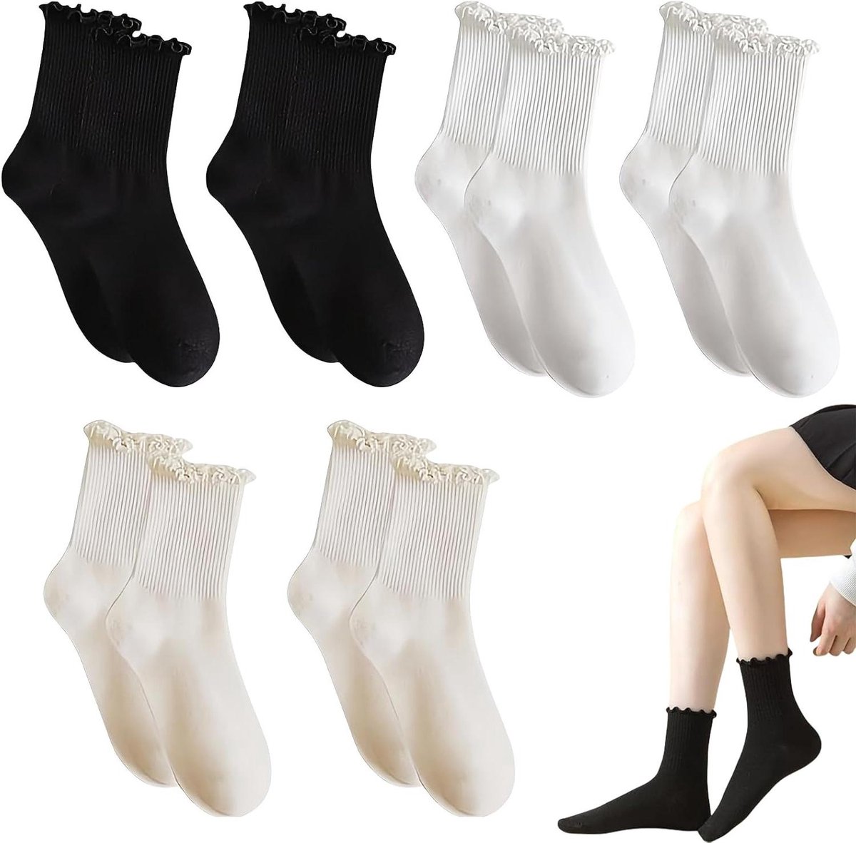 Allecto Plus - Sports Ankle Ruffle Socks Vrouwen Meisjes - 6 Paar - Comfortabel en Stijlvol - Wit, Zwart, Melkwit - Eén Maat