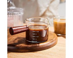 Allecto Plus - Dubbele Schenktuit Maatbeker met Houten Handvat - Glazen Espressokopjes met Maatbeker - Hittebestendige Espresso Shot Glas - Glazen Maatbeker met Schaalverdeling.