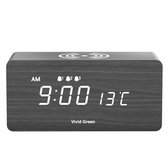 Vivid Green Houten Digitale Wekker met Draadloos Opladen - Wekkers Digitaal - Thermometer Functie - Alarm - QI Wireless Charger