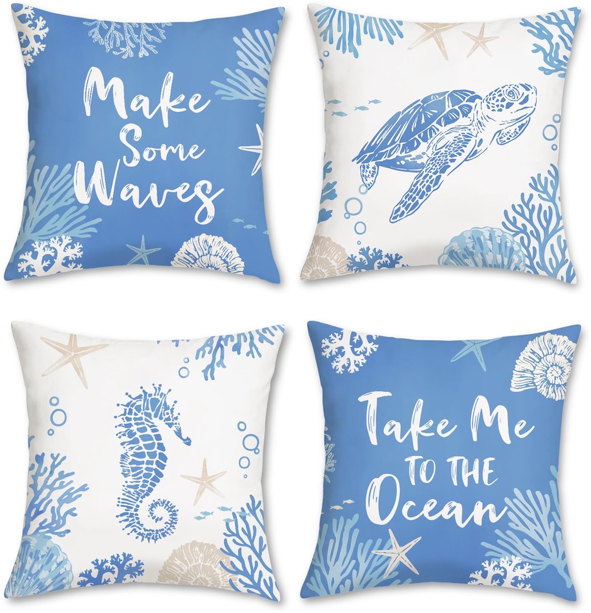 Ibenzoa Set van 4 decoratieve kussenslopen met oceaan thema, 45 x 45 cm, fluweelzacht blauw