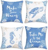 Ibenzoa® Set van 4 decoratieve kussenslopen met oceaan thema, 45 x 45 cm, fluweelzacht