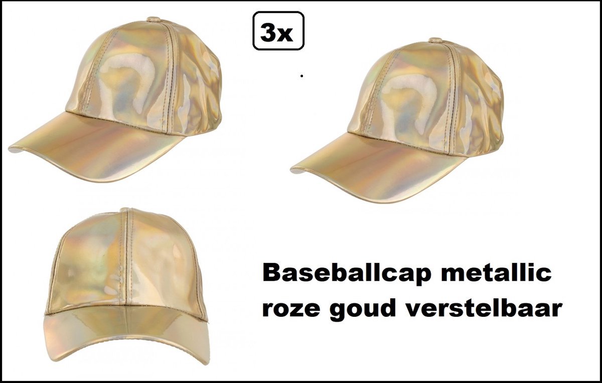 3x Baseballcap metallic roze goud verstelbaar - Disco festival thema feest party