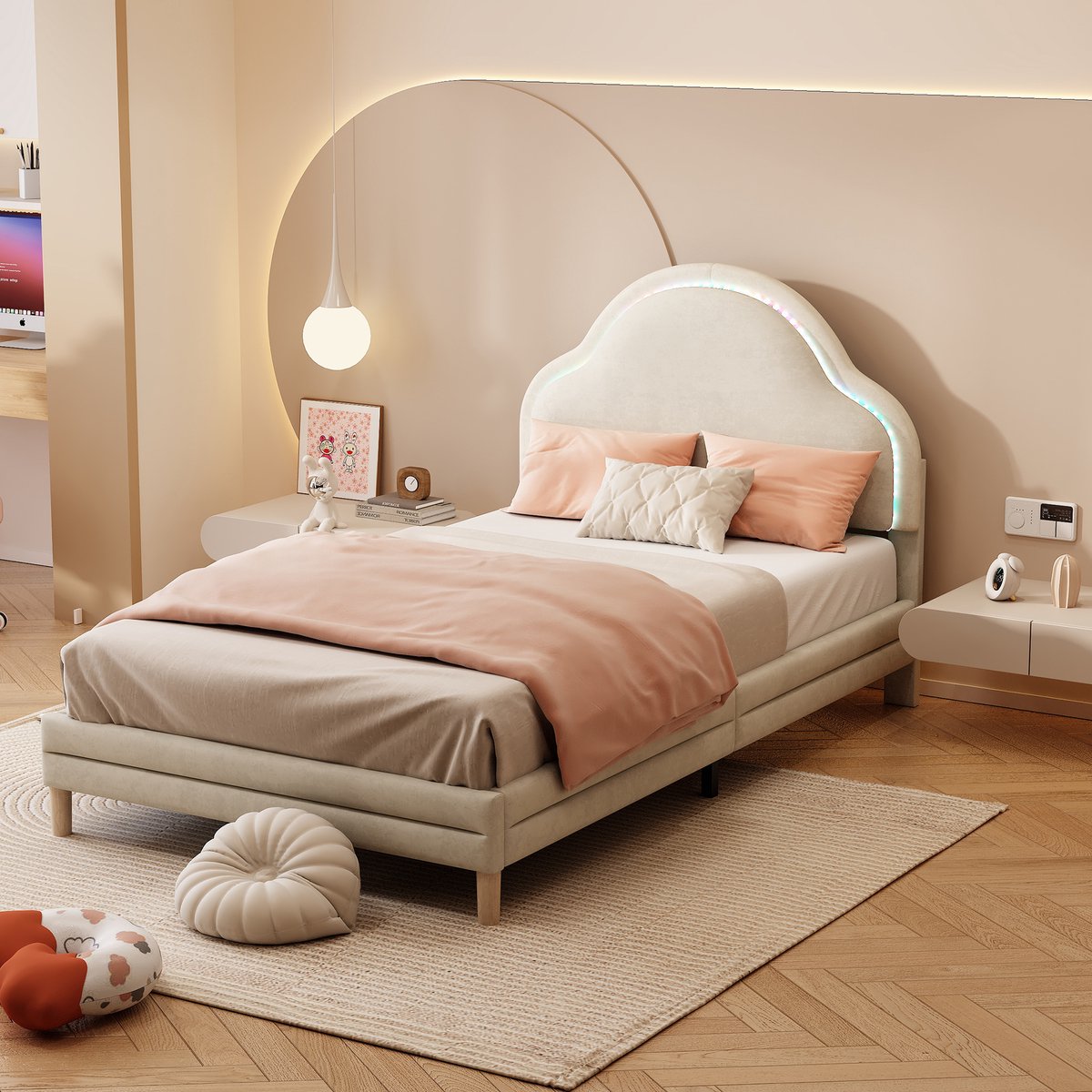 SINGULARITY Kinderbed - met wolkvormig hoofdeinde - veelkleurige wisselende LED-strip - met houten lattenbodem - fluweel - Beige - 90x200 cm - Zonder matras
