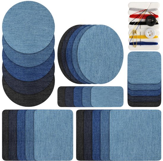 Patchs en jean de formes rondes et carrées, différentes nuances de bleu et de gris, avec un kit de couture.