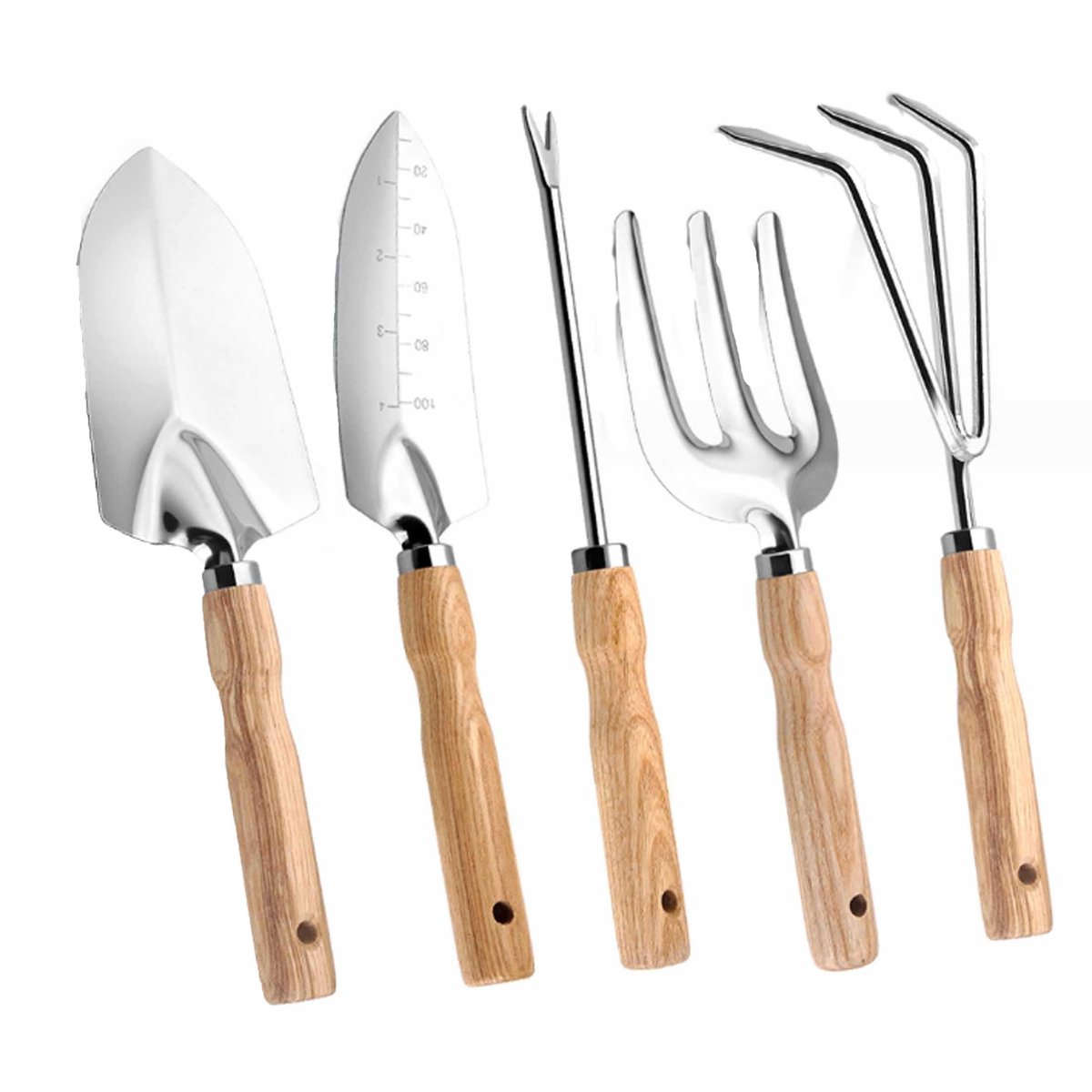 Tuingereedschapset 5-delig | Puntige Schop, Gestapelde Spade, Driehoekvork, Hark & Wortelpick | voor Tuin & Moestuin | Draagbare Handgereedschapsset