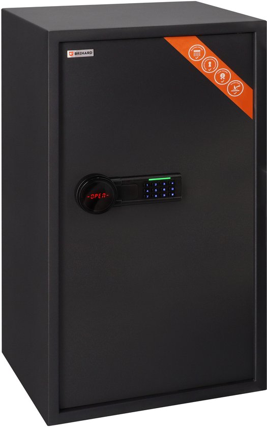 Zwarte kantoorkluis met gesloten deur, digitaal slot en LCD-display.