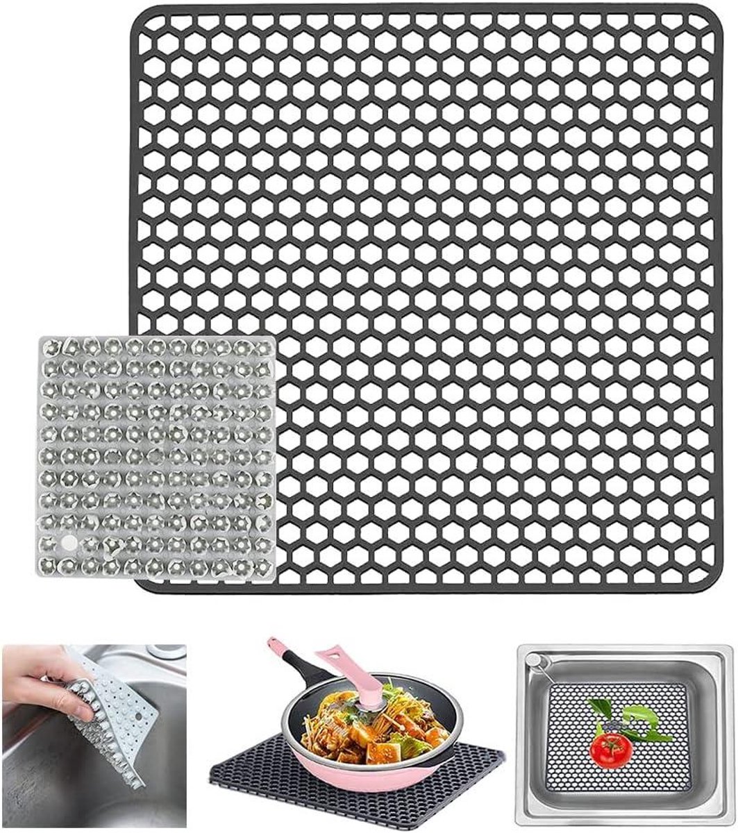 Allecto Plus - Extra grote siliconen gootsteenbeschermmat 30.5cm x 30.5cm - voor roestvrijstalen keukengootsteen - met fruit- en groenteborstel - anti-slip en hittebestendig - vaatwasmachinebestendig.