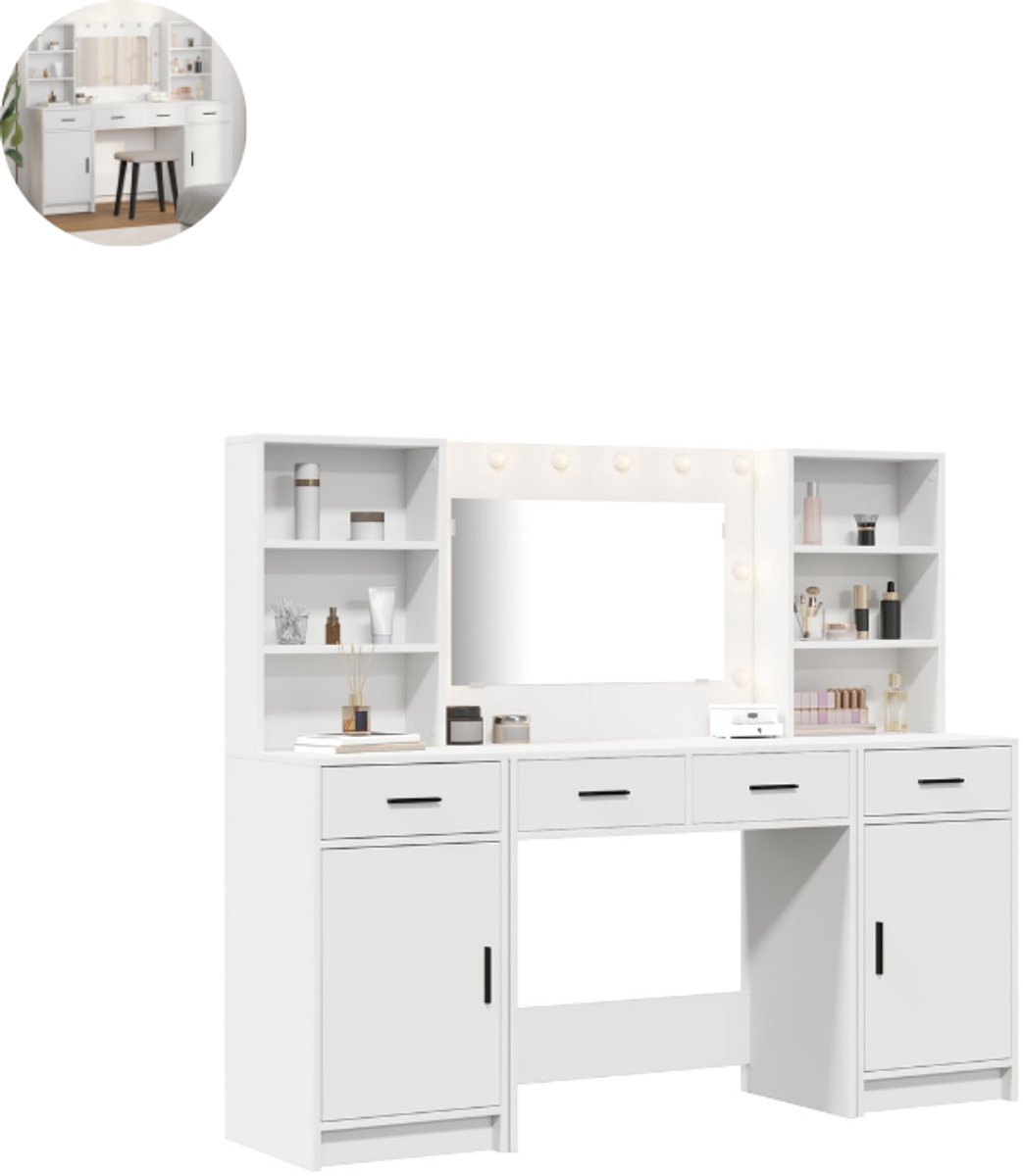 GranMaison Kaptafel met spiegel en verlichting - Make up tafel - Make up - Toilettafel - Met lades - Wit