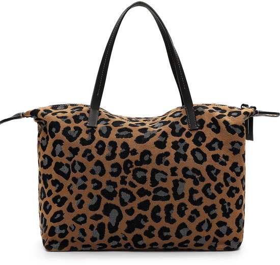 Bruine shopper met luipaardprint en zwarte handvatten. Met ritsvakken.