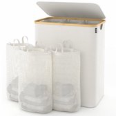 BOTC Wasmand 3 Vakken - Wassorteerder - 160L Capaciteit - Met 3 blanco etiketten - Bamboe Wasmand met Deksel - 75*57*37cm - Crème wit