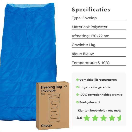 Cheqo® Envelop Slaapzak Volwassenen - Kamperen - Dekenmodel - Zomerslaapzak Polyester - Blauw van Cheqo — afbeelding 3