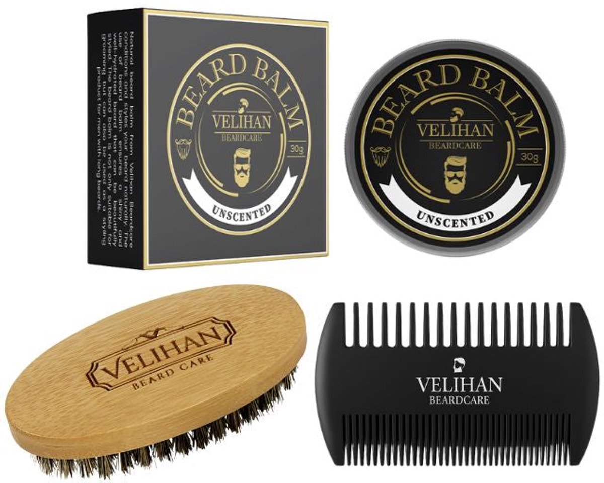 Velihan Beardcare - Baardverzorging Trio Pack - Baardbalsem Unscented (geurloos) 30g, Baardborstel en Baardkam - Baardverzorging set - Cadeau voor hem - Baardverzorging - Baard olie - Cadeau voor vriend - Baardgroei - Perfecte cadeau voor man