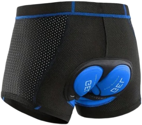 Zwarte fietsboxershort met blauwe 5D gel padding aan de achterkant.