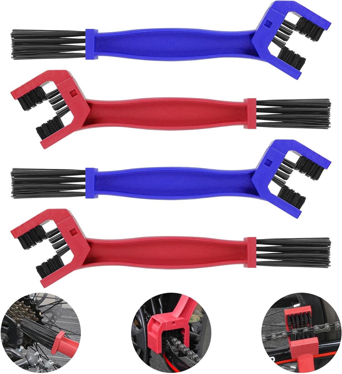 Kettingreinigingsborstel Set van 4 - Fiets Motor Scooter Ketting Reinigingsborstel (blauw/rood) - Voor het reinigen van kettingen - Duurzaam en effectief - Complete kettingreiniger - Veilig en eenvoudig in gebruik